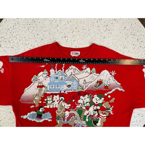 VINTAGE VKC 1991 Nutcracker Puff Paint Panda Christmas Sweatshirt Red Ugly Bear - Picture 7 of 11